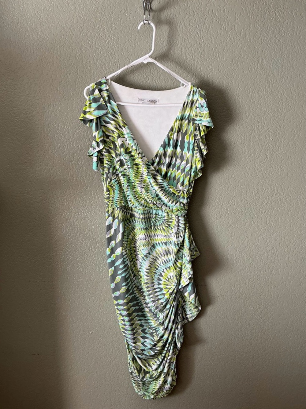 Maggy London Lime Green Patterned Wrap-Style Midi Dress